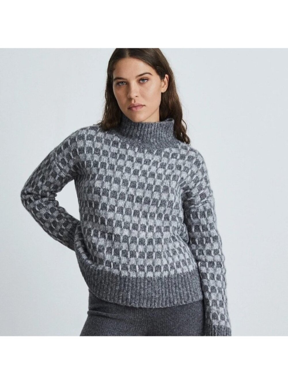 EVERLANE Womens M The Cloud Checkered Turtleneck Wool Alpaca Grey